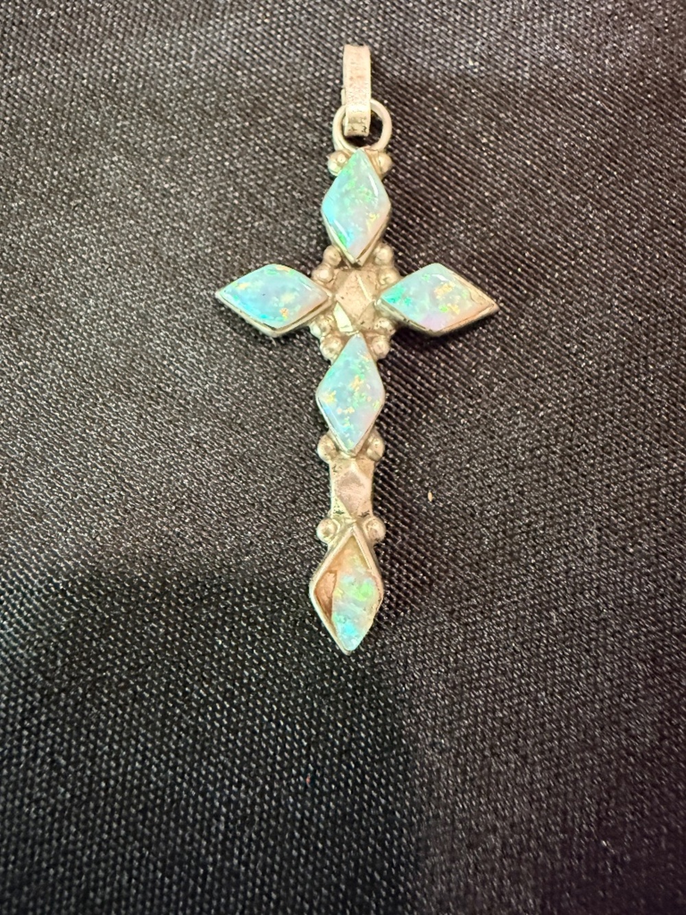 VINTAGE NATIVE AMERICAN ZUNI TEN OPAL STERLING SILVER CROSS PENDANT